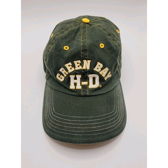 Harley Davidson Vandervest Green Bay WI Logo Graphic Green Gold Baseball Hat Cap - Picture 1 of 14
